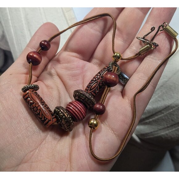 Bohemian Earthy Carved And Round Wood Beaded Necklace - Picture 5 of 6